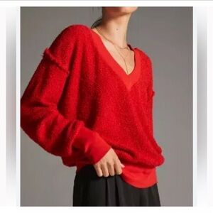 Anthropologie t.la Top Zuri Fringed Red V-Neck Jumper Sweater NEW Size Small
